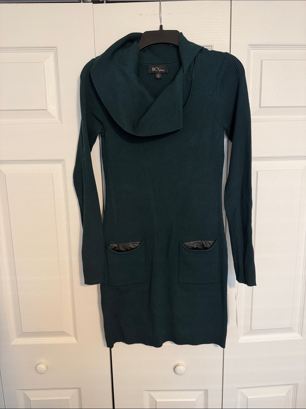 BCX Dark Teal Ribbed Cowl-Neck Sweater Dress